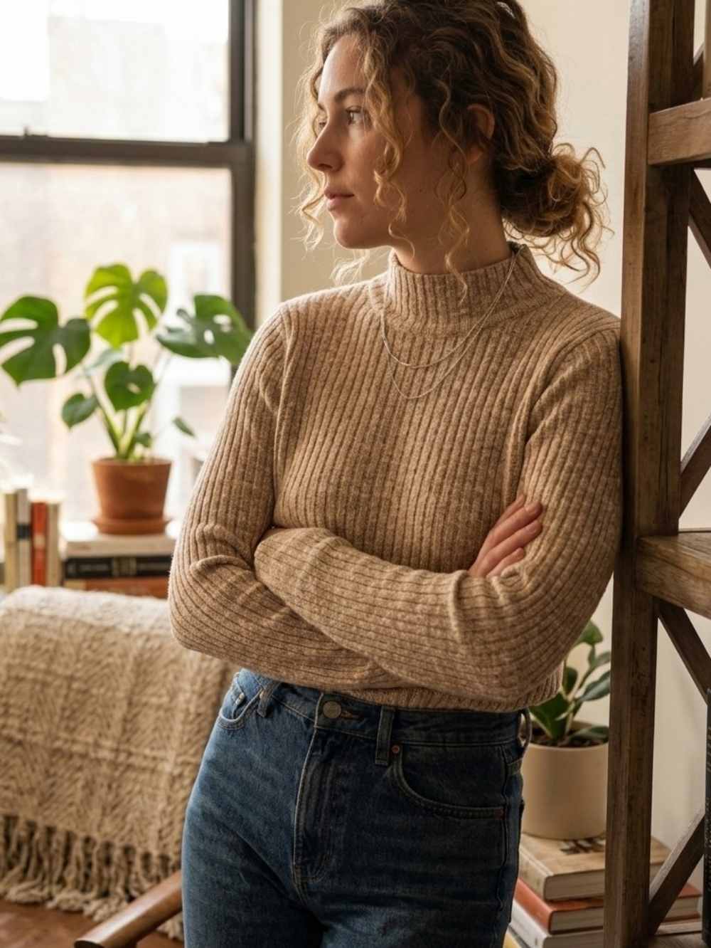 Everlane The Cozy Rib Funnel Neck Sweater Heathered Tan/oatmeal Size Medium